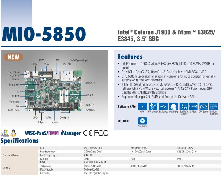 研華MIO-5850 Intel賽揚(yáng)J1900和Atom?E3825 / E3845,3.5“MI / O-Compact SBC，板載DDR3L，3GbE，iManager 3.0,16位GPIO，CANBUS，板載eMMC，12V / 24V電源輸入