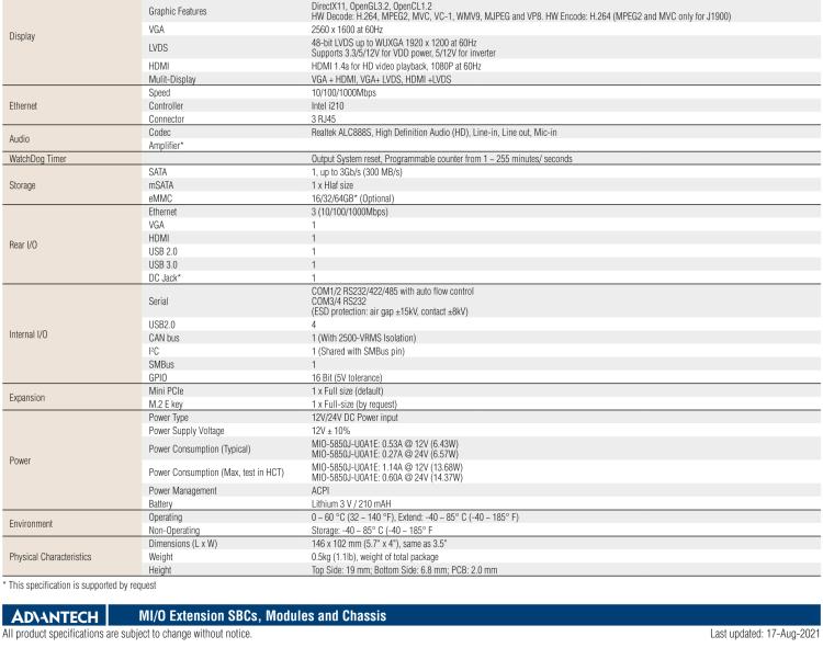 研華MIO-5850 Intel賽揚(yáng)J1900和Atom?E3825 / E3845,3.5“MI / O-Compact SBC，板載DDR3L，3GbE，iManager 3.0,16位GPIO，CANBUS，板載eMMC，12V / 24V電源輸入