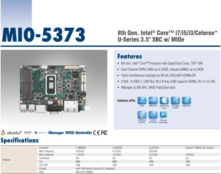 研華MIO-5373 第八代 Intel 低功耗高性能 超極本CPU 3.5寸嵌入式單板，性能提升40%