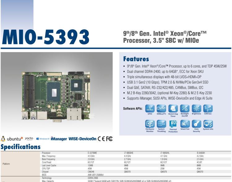研華MIO-5393 第九代Intel 高性能筆記本CPU 3.5寸小尺寸嵌入式單板，性能提升25%，TDP 45W/25W，支持DDR4 64GB內(nèi)存，2LAN, 4USB 3.1，M.2 2280 Key支持NVMe，-40-85℃寬溫