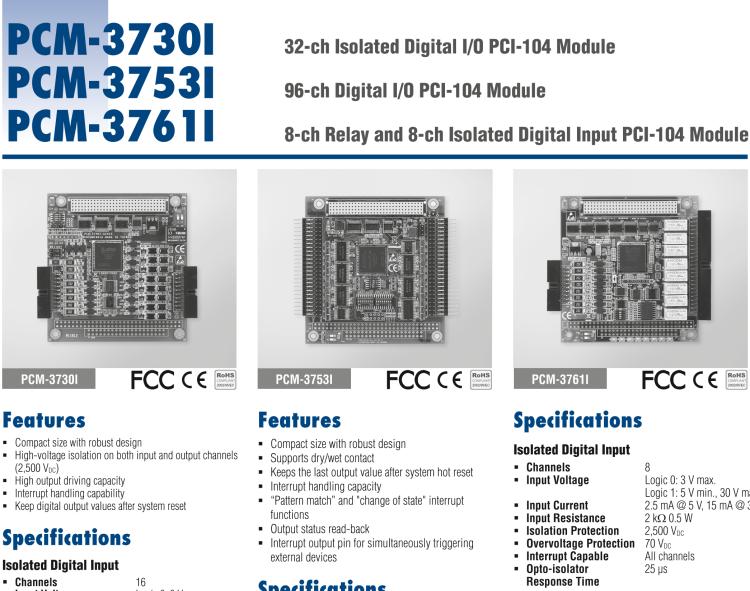 研華PCM-3730I PCI-104，2通,32通道隔離數(shù)字輸入/輸出卡