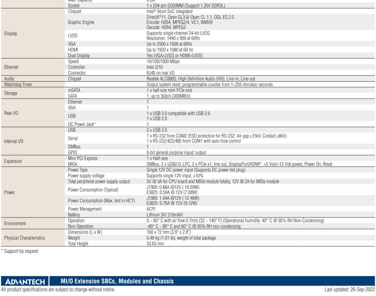 研華MIO-2263 2.5寸Pico-ITX主板，搭載Intel? Atom? SoC E3825/ J1900處理器的2.5寸Pico-ITX單板電腦，采用DDR3L內(nèi)存，支持24-bit LVDS + VGA/HDMI獨(dú)立雙顯，帶有豐富I/O接口：1個(gè)GbE、半長(zhǎng)Mini PCIe、4個(gè)USB、2個(gè)COM、SMBus、mSATA & MIOe