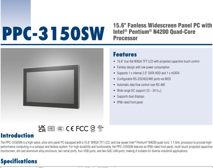 研華PPC-3150SW 15.6" 寬屏無風扇工業(yè)平板電腦，搭載 Intel? Pentium? N4200 四核心處理器