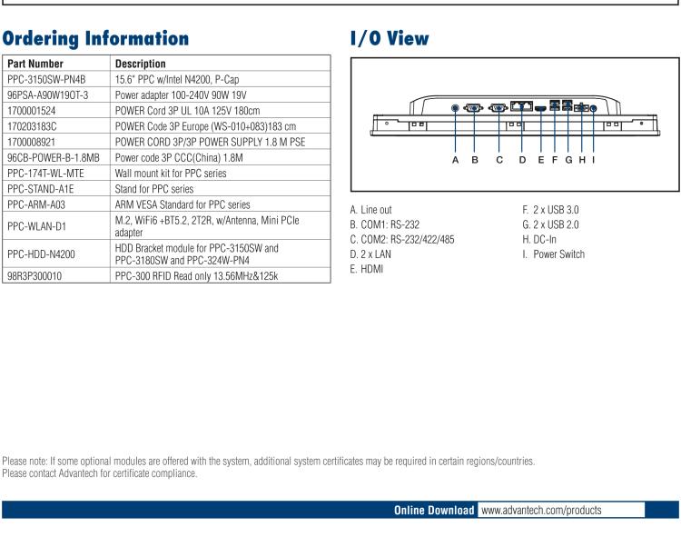 研華PPC-3150SW 15.6" 寬屏無風扇工業(yè)平板電腦，搭載 Intel? Pentium? N4200 四核心處理器