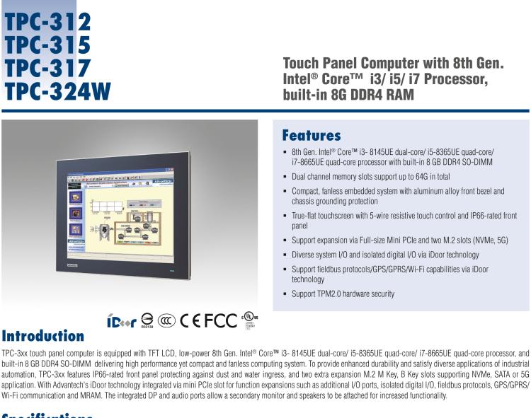 研華TPC-315 15英寸XGA TFT LED LCD觸摸屏電腦，搭載第八代Intel?Core? i3/ i5/ i7處理器，內(nèi)置8G DDR4 RAM