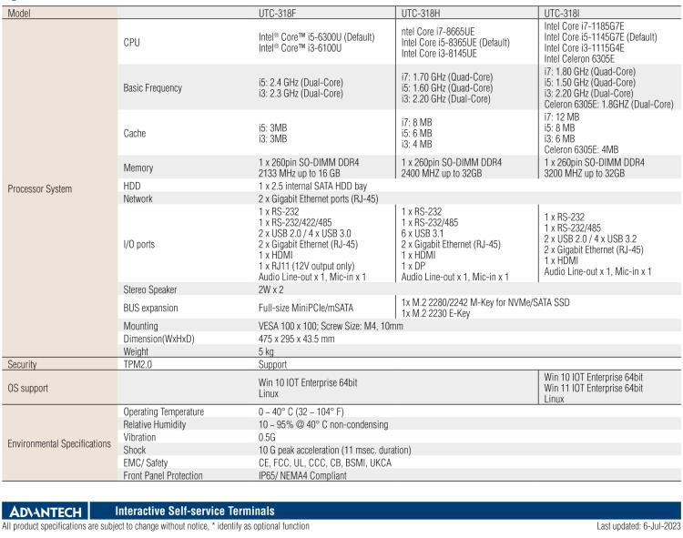 研華UTC-318H 18.5" 多功能觸控一體機(jī)，內(nèi)置 Intel? Core? i5-8365UE / Core? i3-8145UE
