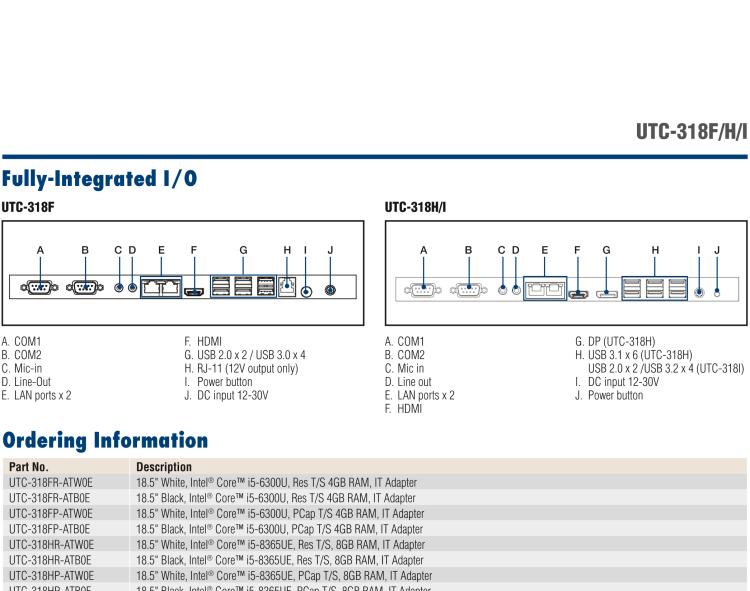 研華UTC-318H 18.5" 多功能觸控一體機(jī)，內(nèi)置 Intel? Core? i5-8365UE / Core? i3-8145UE