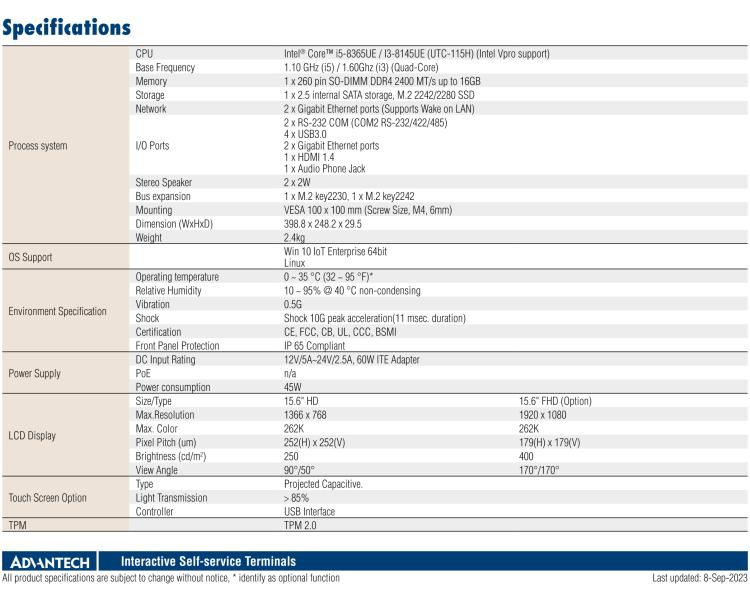 研華UTC-115H 15.6" 多功能觸控一體機，搭載 Intel? Core? i5-8365UE