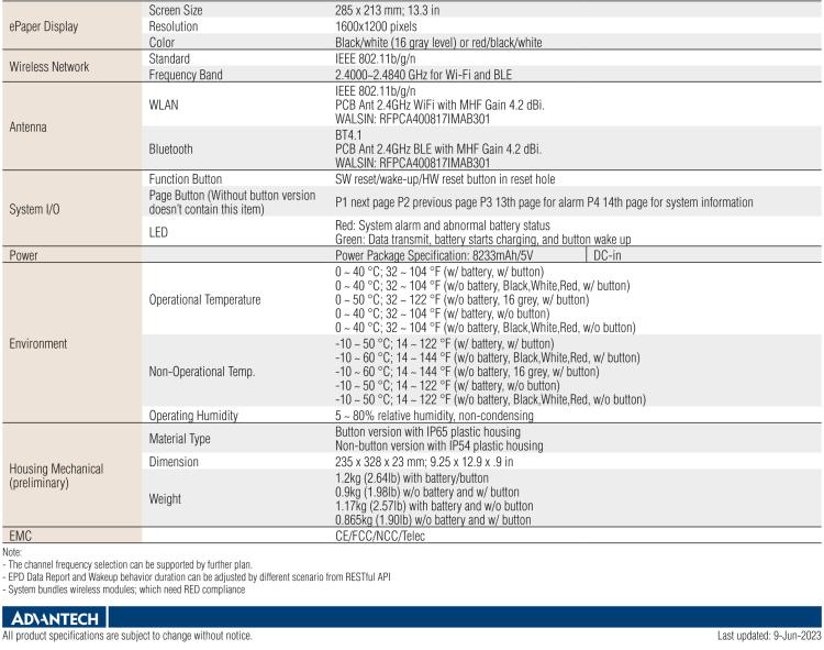 研華EPD-660 13.3"電子紙解決方案，Wi-Fi，用于醫(yī)院床邊卡和智能建筑標牌。