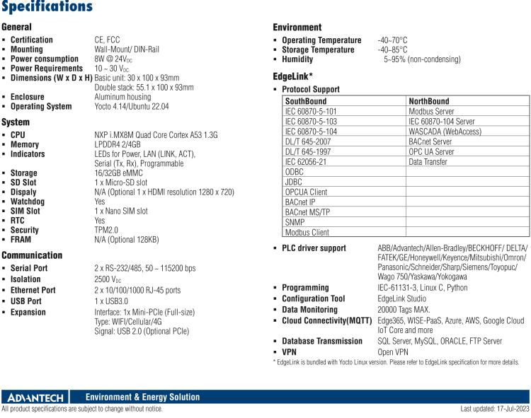 研華ECU-150 NXP i.MX8M 四核 A53高性能5G網(wǎng)關 2 x LAN, 2 x COM, 1 x USB