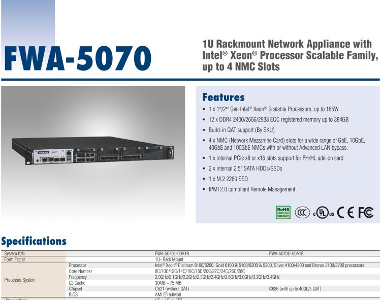 研華FWA-5070 基于Intel?Xeon?處理器可擴展系列1U機架式網(wǎng)絡應用平臺，最高支持4個NMC插槽