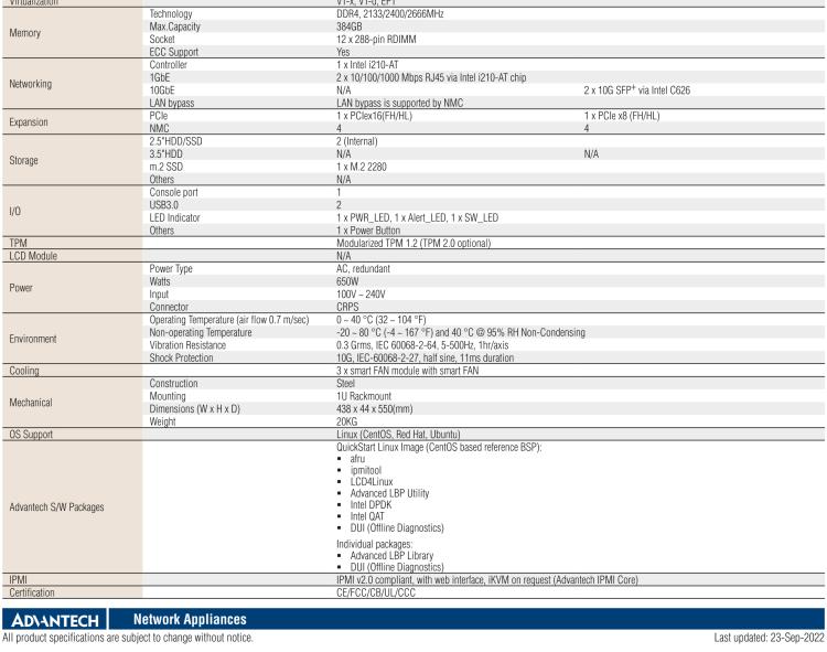 研華FWA-5070 基于Intel?Xeon?處理器可擴展系列1U機架式網(wǎng)絡應用平臺，最高支持4個NMC插槽