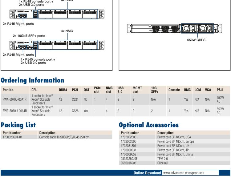 研華FWA-5070 基于Intel?Xeon?處理器可擴展系列1U機架式網(wǎng)絡應用平臺，最高支持4個NMC插槽
