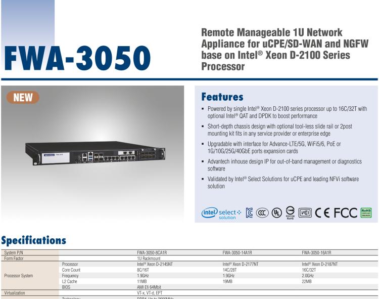 研華FWA-3050 基于Intel?Xeon D-2100系列處理器，用于uCPE和下一代防火墻的遠(yuǎn)程可管理1U網(wǎng)絡(luò)應(yīng)用平臺(tái)
