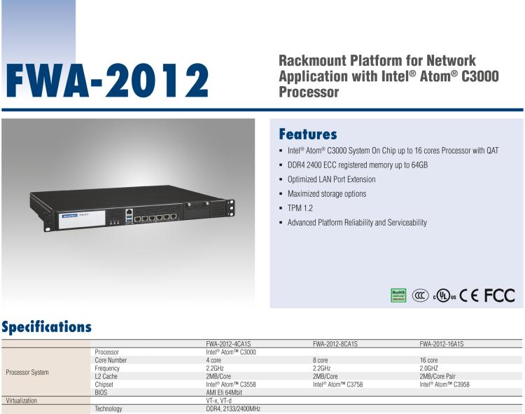 研華FWA-2012 基于Intel?Atom?C3000處理器的網(wǎng)絡(luò)應用程序機架安裝平臺