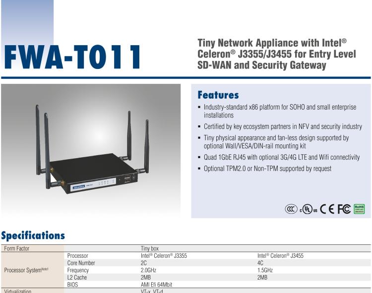 研華FWA-T011 基于Intel? Celeron? N3350/J3455 入門(mén)級(jí)SD-WAN，安全網(wǎng)關(guān)微型網(wǎng)絡(luò)應(yīng)用平臺(tái)