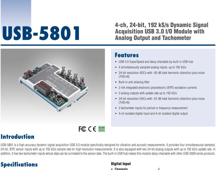 研華USB-5801 4路，24位，192 kS / s的動(dòng)態(tài)信號(hào)采集USB 3.0 I / O模塊使用模擬輸出和轉(zhuǎn)速計(jì)