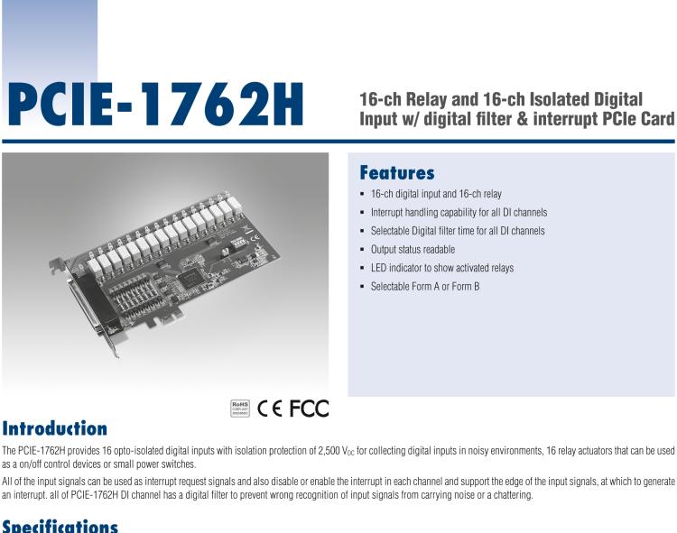 研華PCIE-1762H 16 通道繼電器和 16 通道隔離數(shù)字輸入，帶數(shù)字濾波器和中斷 PCIe 卡