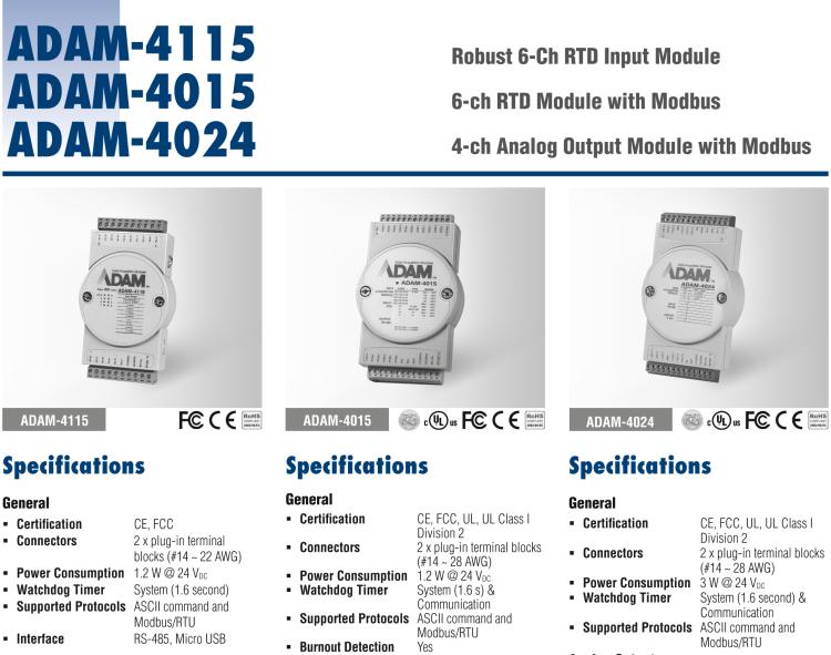研華ADAM-4115-B ADAM-4115 6 通道 RTD 輸入模塊可接受多種 RTD 傳感器類型，包括 Pt100、Pt1000、Ni50、Ni508 和 Balco 500 系列