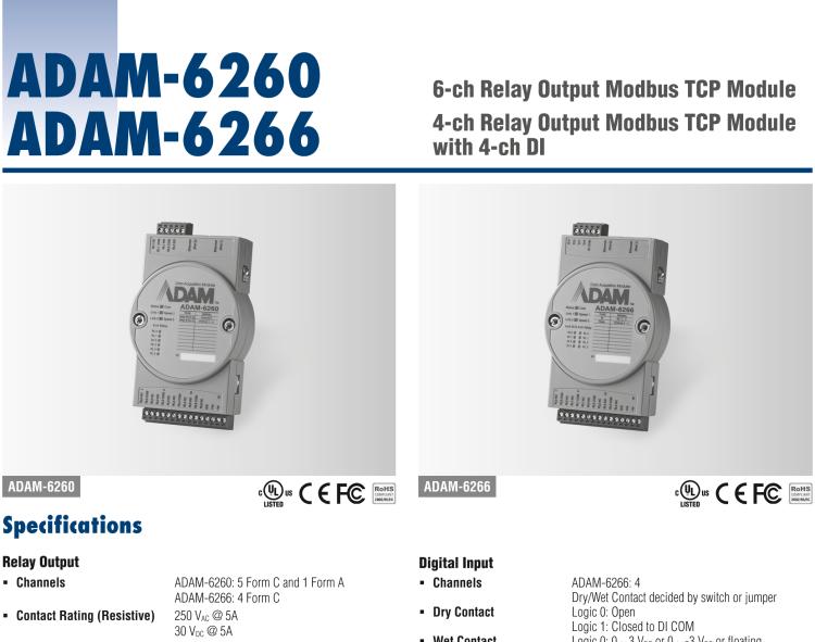 研華ADAM-6266 支持Modbus TCP的4路繼電器輸出模塊，帶4路DI