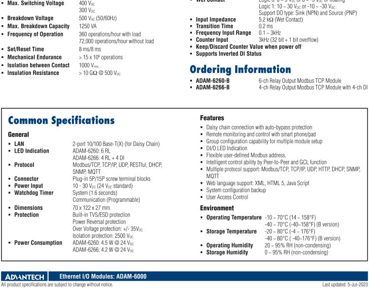 研華ADAM-6266 支持Modbus TCP的4路繼電器輸出模塊，帶4路DI