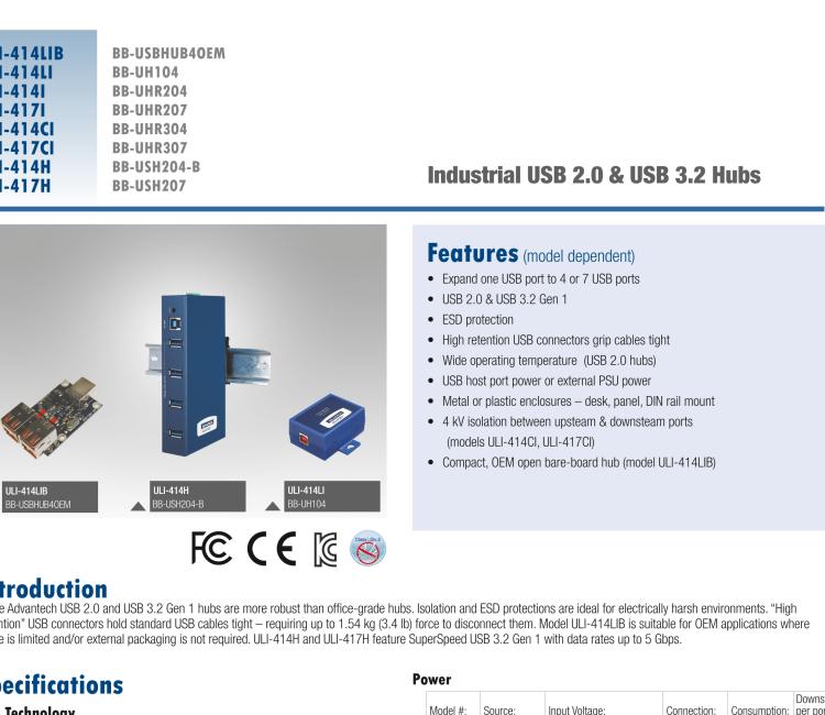 研華BB-USBHUB4OEM ULI-414LIB-工業(yè)USB 2.0集線器，4端口，高穩(wěn)固力連接器