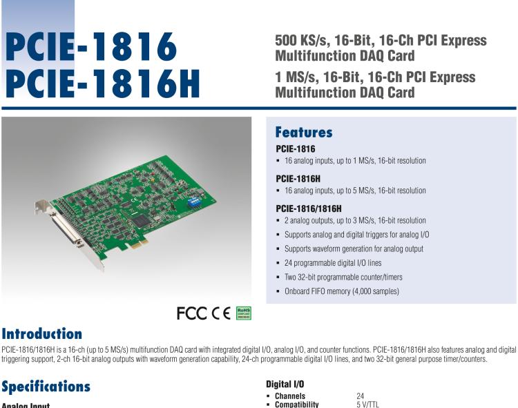 研華PCIE-1816H 5MS/s,16位,16通道PCI Express總線(xiàn)多功能卡
