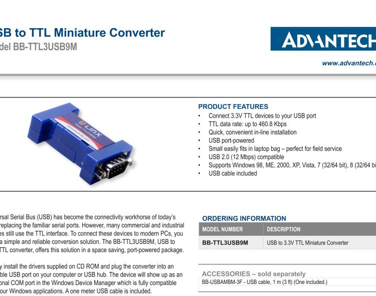 研華BB-TTL3USB9M 串口轉(zhuǎn)換器，USB 2.0至3.3 V TTL DB9 公頭