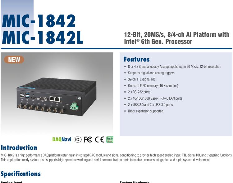 研華MIC-1842 12 位、20MS/s、8/4 通道 AI 平臺，采用英特爾?酷睿? i5/賽揚(yáng)?處理器