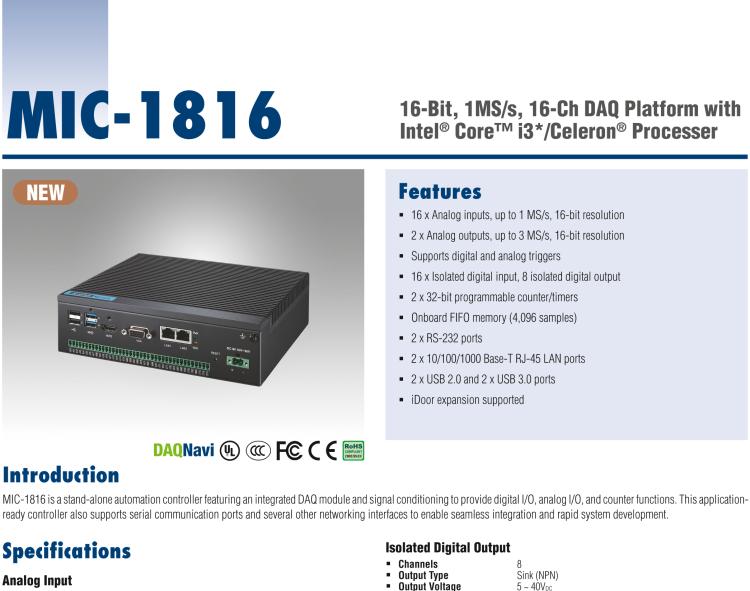 研華MIC-1816 具有Core?i3 /Celeron?處理器的16位，1 MS / s，16通道DAQ平臺(tái)