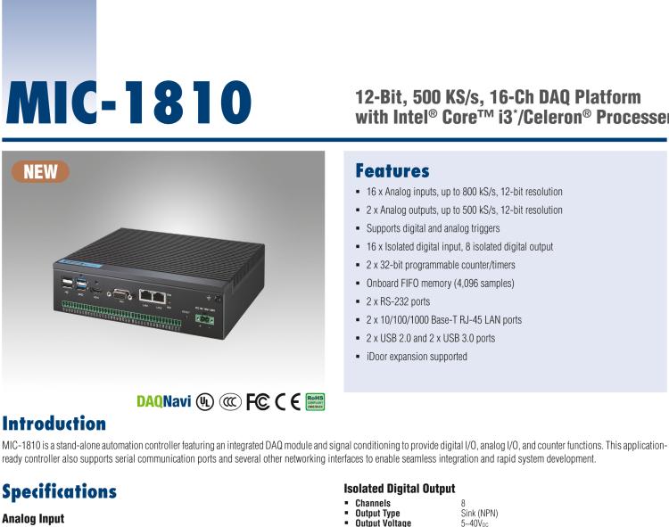 研華MIC-1810 帶有Core?i3 /Celeron?處理器的12位，500 KS / s，16通道DAQ平臺