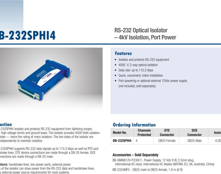 研華BB-232SPHI4 串口中繼器，RS-232 DB25，4 kV隔離，端口供電