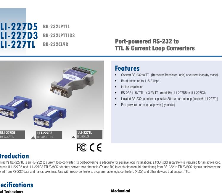 研華BB-232LPTTL33 ULI-227D3 RS-232（DB9母頭）至3.3V TTL（DB9公頭）轉(zhuǎn)換器，端口供電