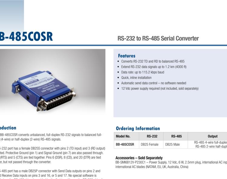 研華BB-485COSR 串口轉換器，RS-232 DB25母頭到RS-485 DB25公頭