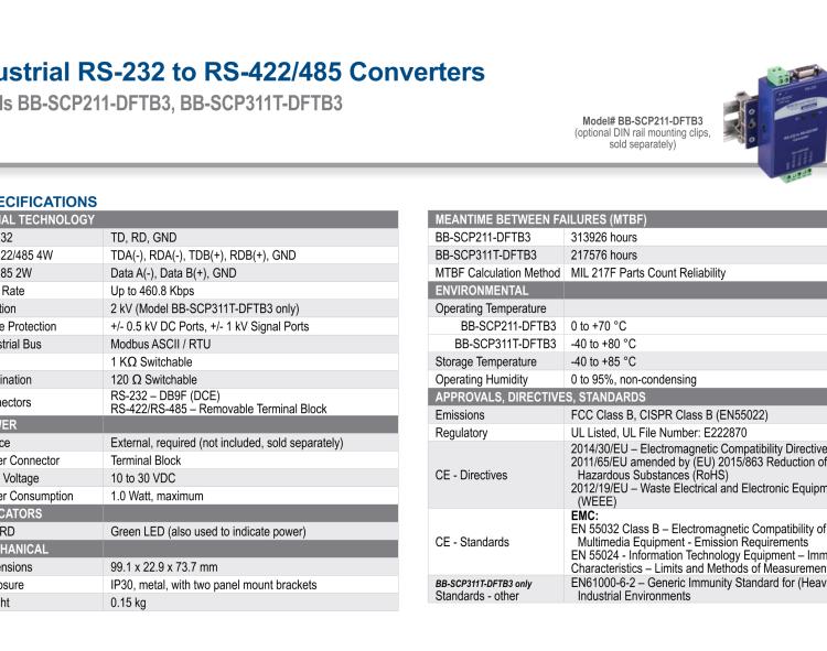 研華BB-SCP311T-DFTB3 ULI-224THC 寬溫度范圍、隔離式、RS-232 至 422/485 轉(zhuǎn)換器