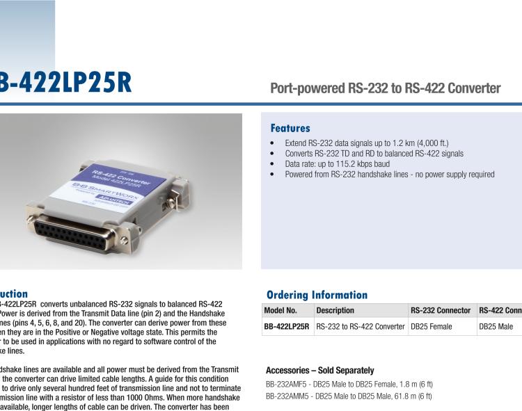 研華BB-422LP25R 串口轉(zhuǎn)換器，RS-232 DB-25 F至RS-422 DB25 M，端口供電