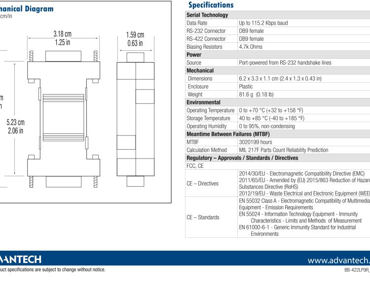 研華BB-422LP9R 串口轉換器，RS-232 DB9 F至RS-422 DB9 F，端口供電