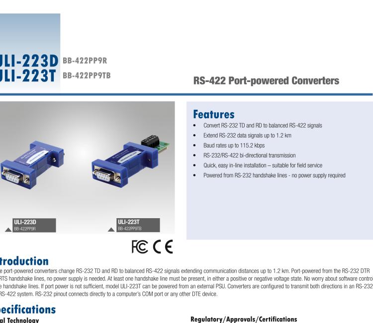 研華BB-422PP9R ULI-223D RS-232至RS-422轉(zhuǎn)換器，端口供電，DB9母頭連接器